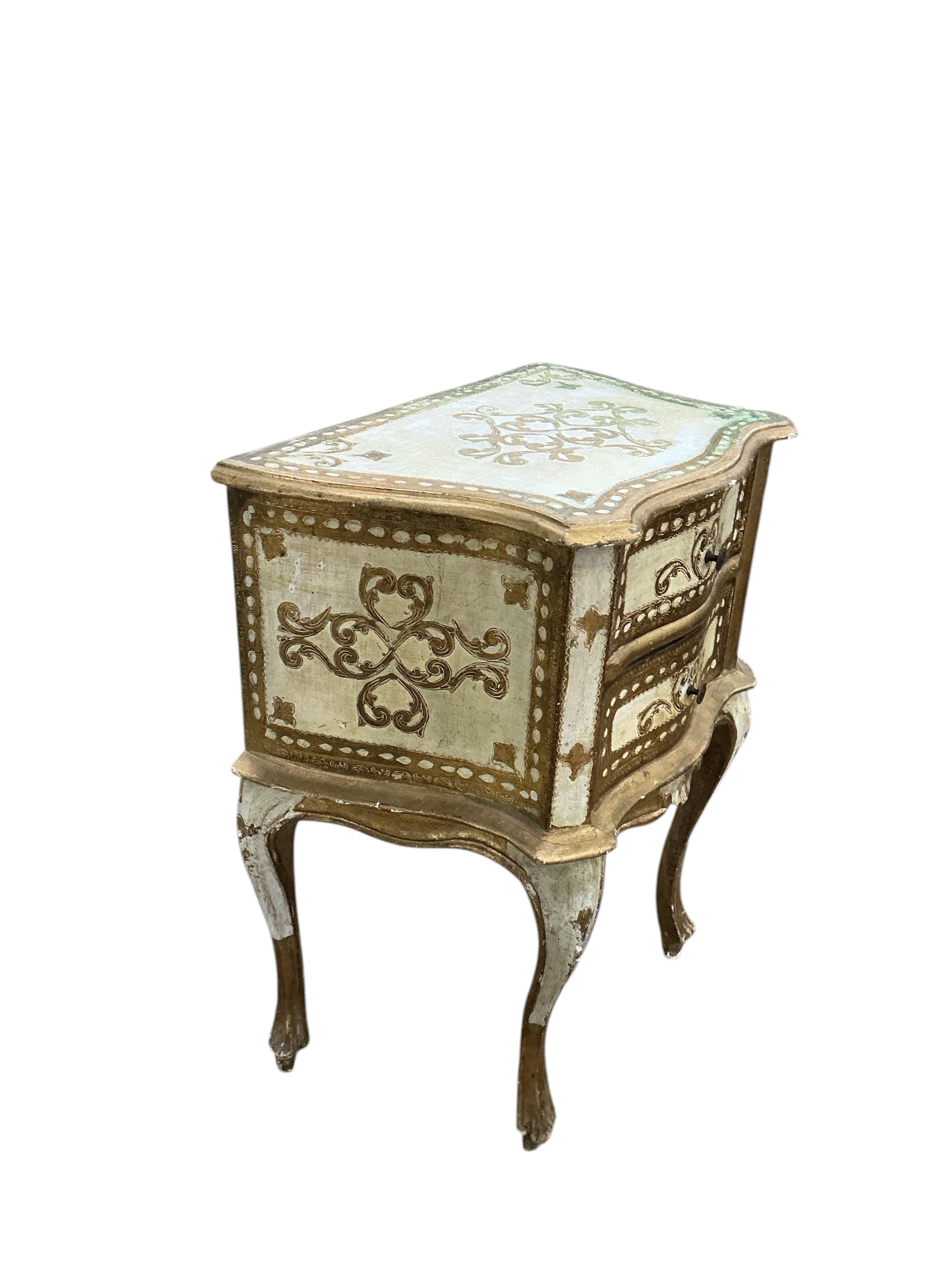 A pair of mid 20th century Italian painted two drawer bedside chests, width 45cm, depth 29cm, height 59cm